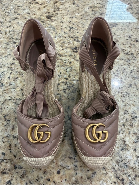 Gucci Shoes - Gucci Quilted Dusty Pink Leather Espadrille Wedges with Gold GG